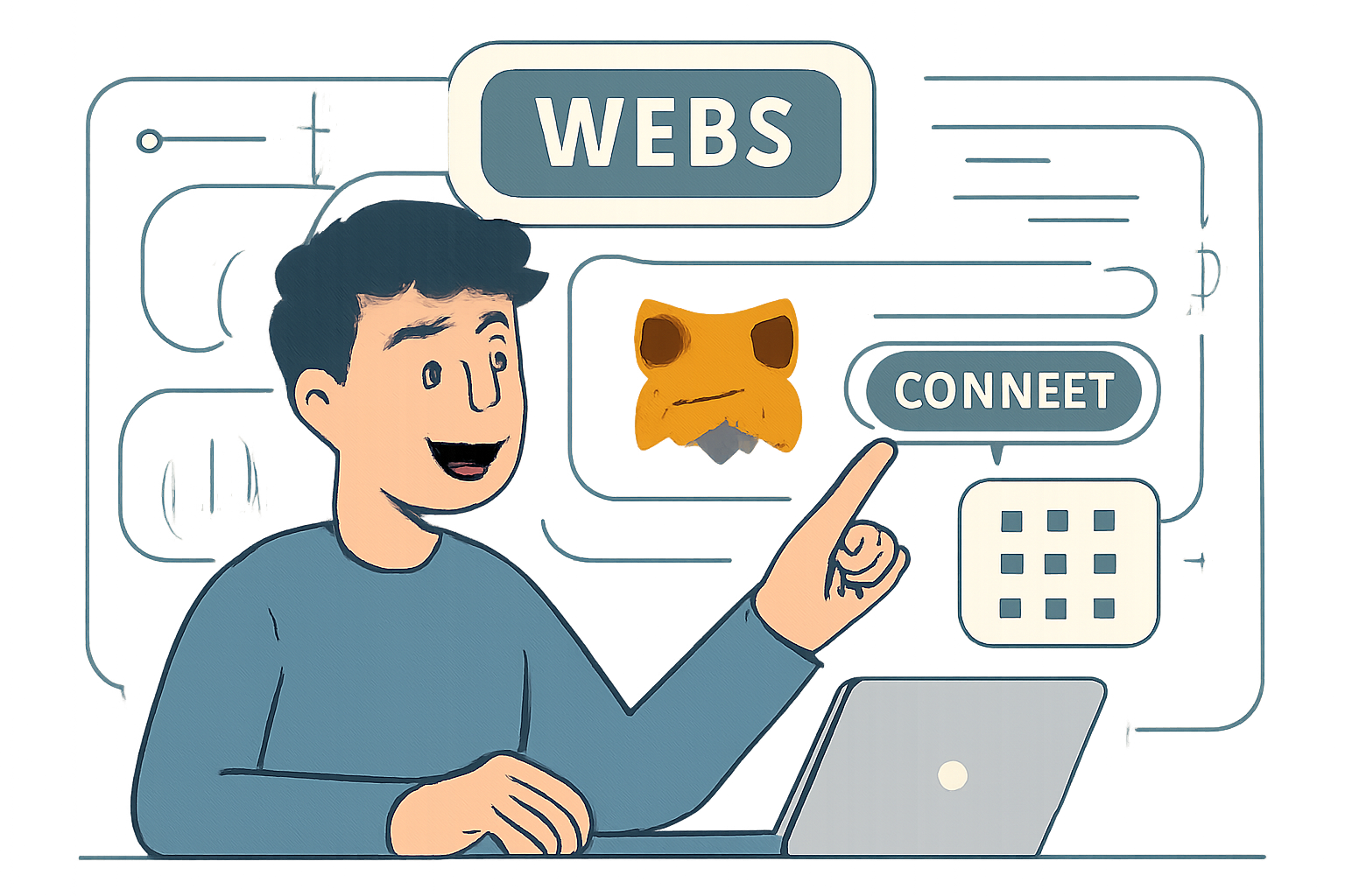 A user happily interacting with a futuristic Web3 interface, MetaMask fox logo visible