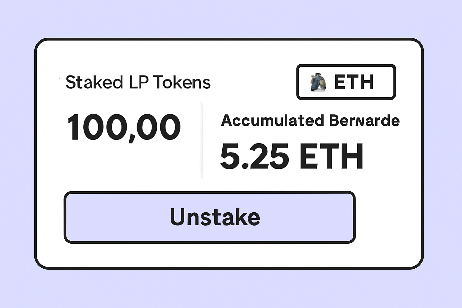 A dashboard view showing staked LP tokens, accumulated rewards, and an 'Unstake' button, with ETH price ticker visible.