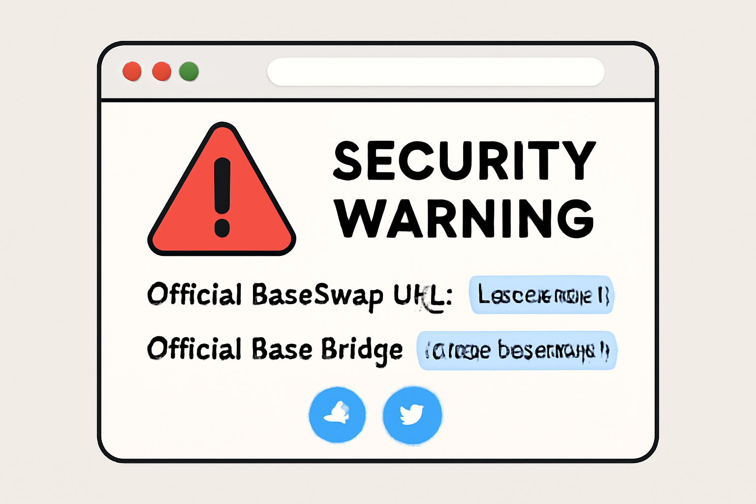 A security warning overlay on a browser, with official BasedSwap and Base Bridge URLs highlighted, and social media icons for Telegram and Twitter.