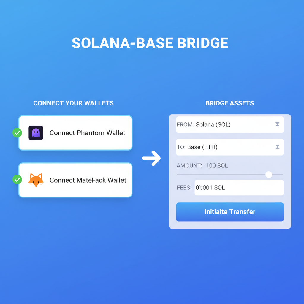 clean UI screenshot of Phantom and MetaMask wallets connecting to Solana-Base bridge app