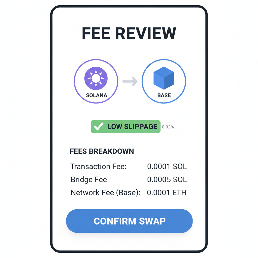 fee review screen in bridge app showing low slippage and fees for Solana to Base
