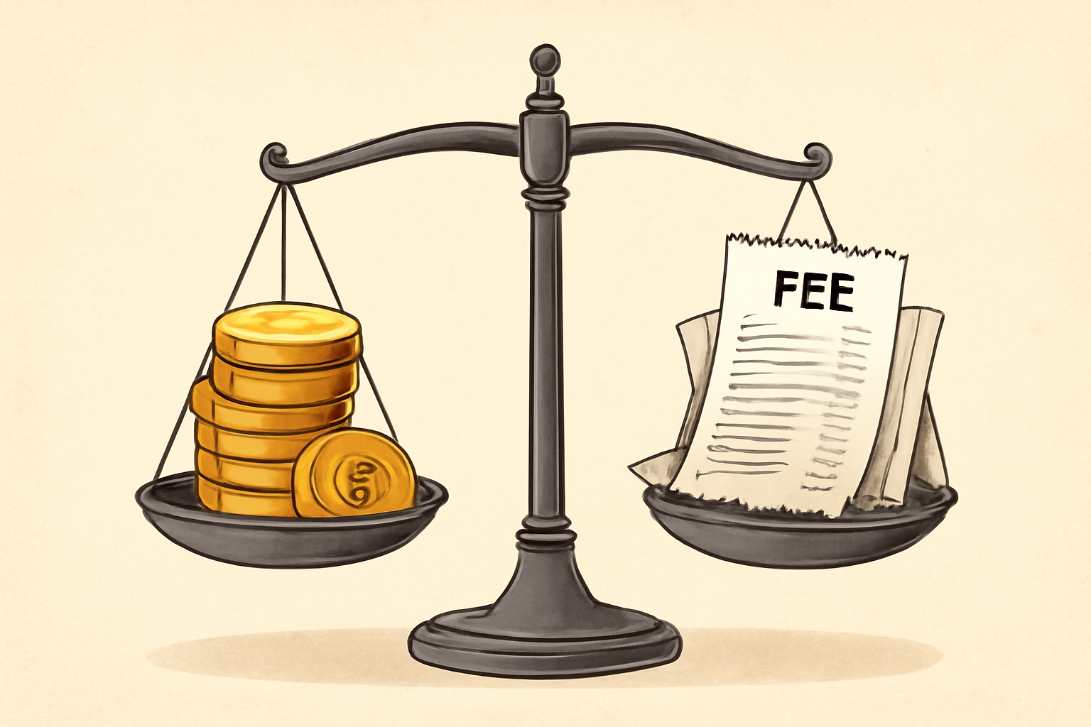 A scale balancing gold tokens on one side and fee receipts on the other, representing cost comparison, detailed, realistic