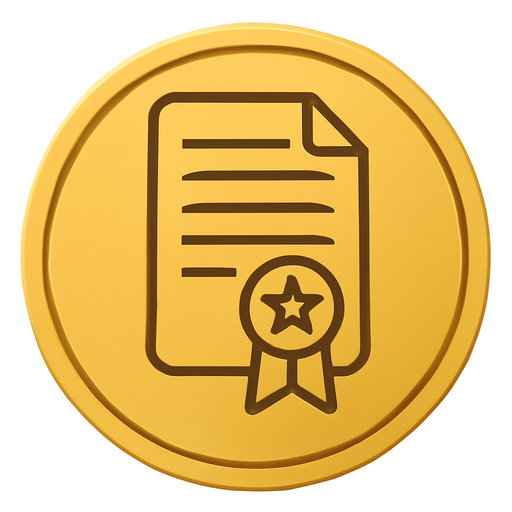 A gold token with a legal document and a government seal, symbolizing compliance and regulation, authoritative, clean