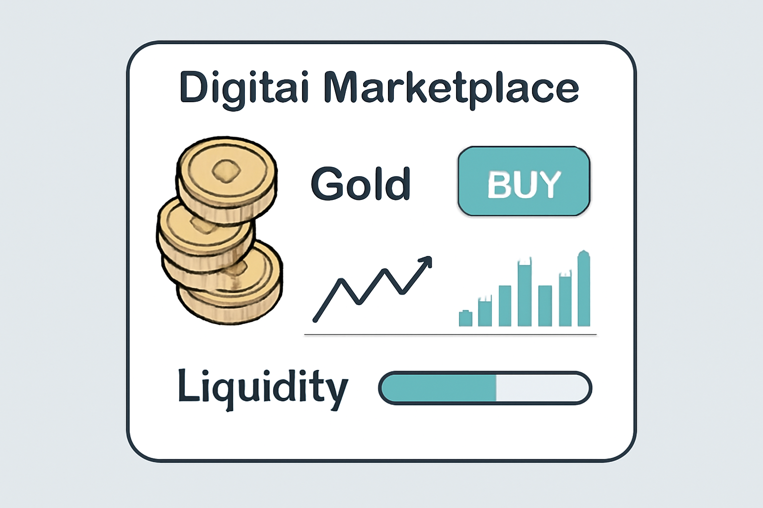 A digital marketplace screen showing gold tokens being traded, with charts and liquidity indicators, modern, clear