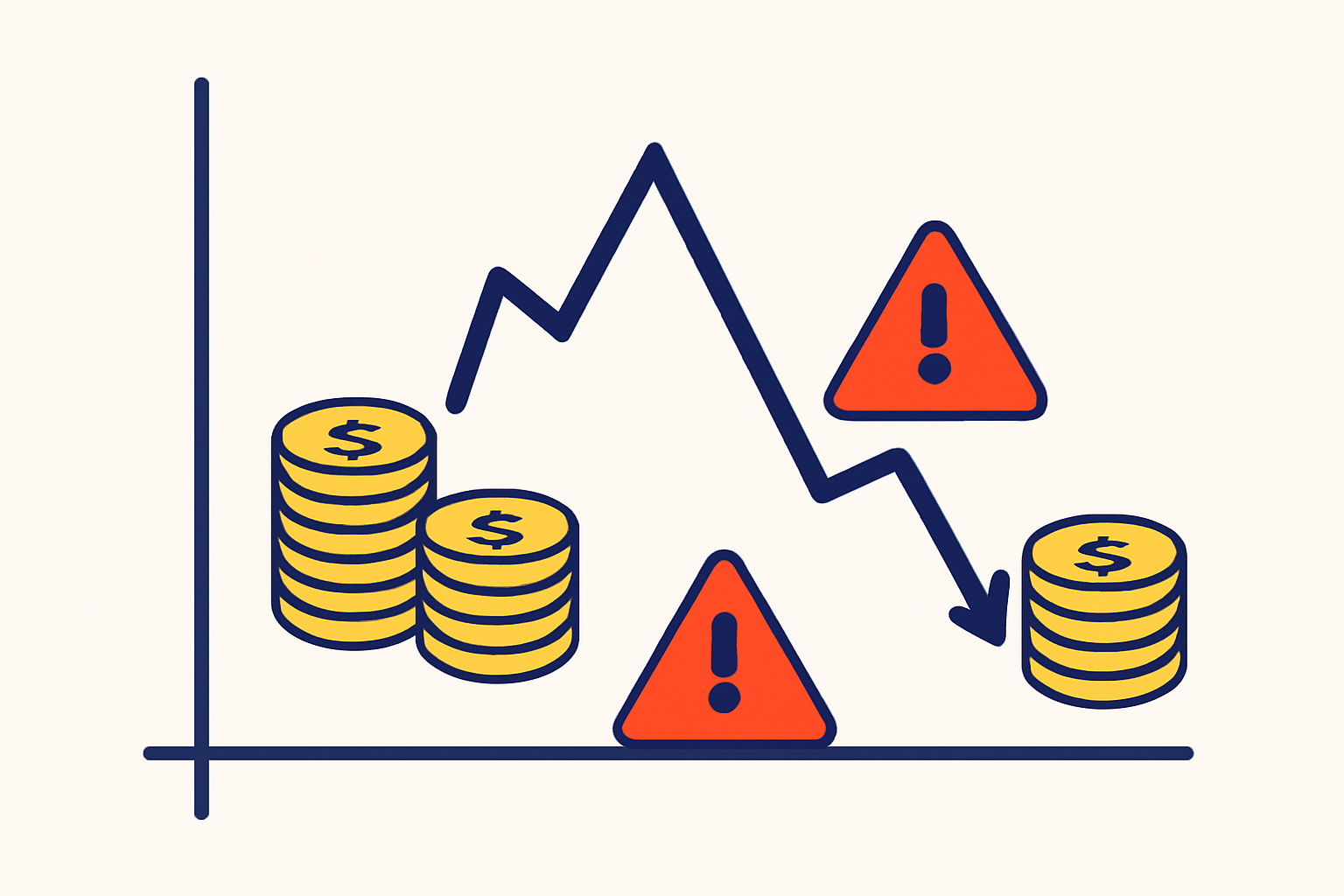 A fluctuating market chart with gold tokens and warning signs, showing both growth and risk, modern, authoritative