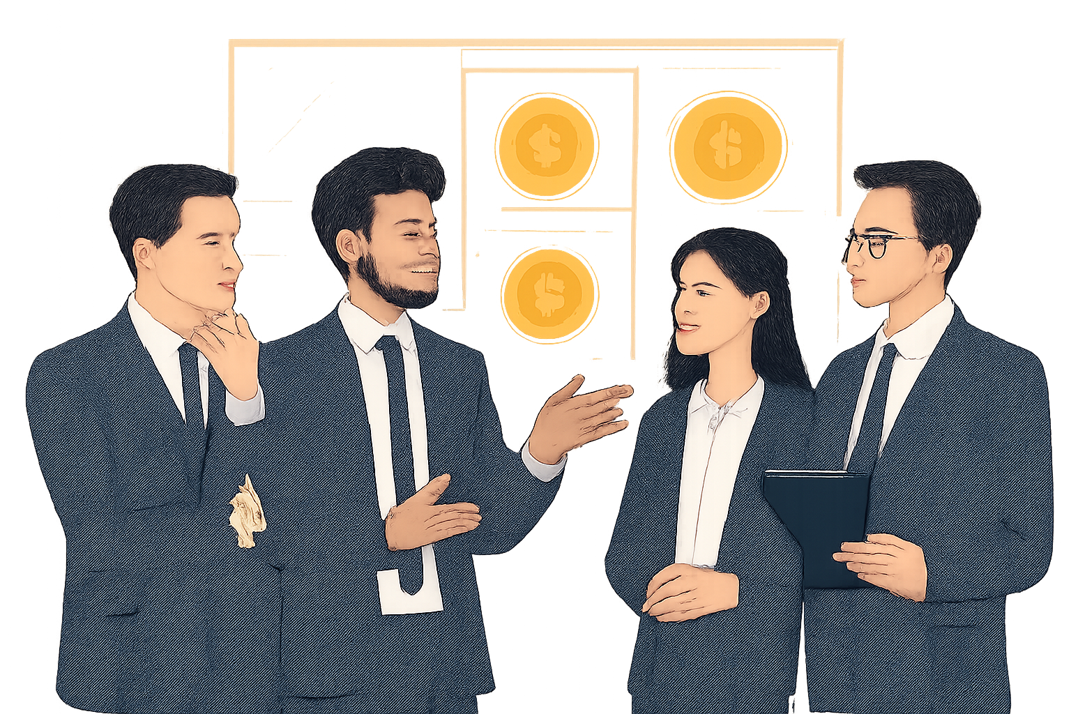 A professional team discussing in front of a transparent board with gold token diagrams, business attire, trustworthy atmosphere