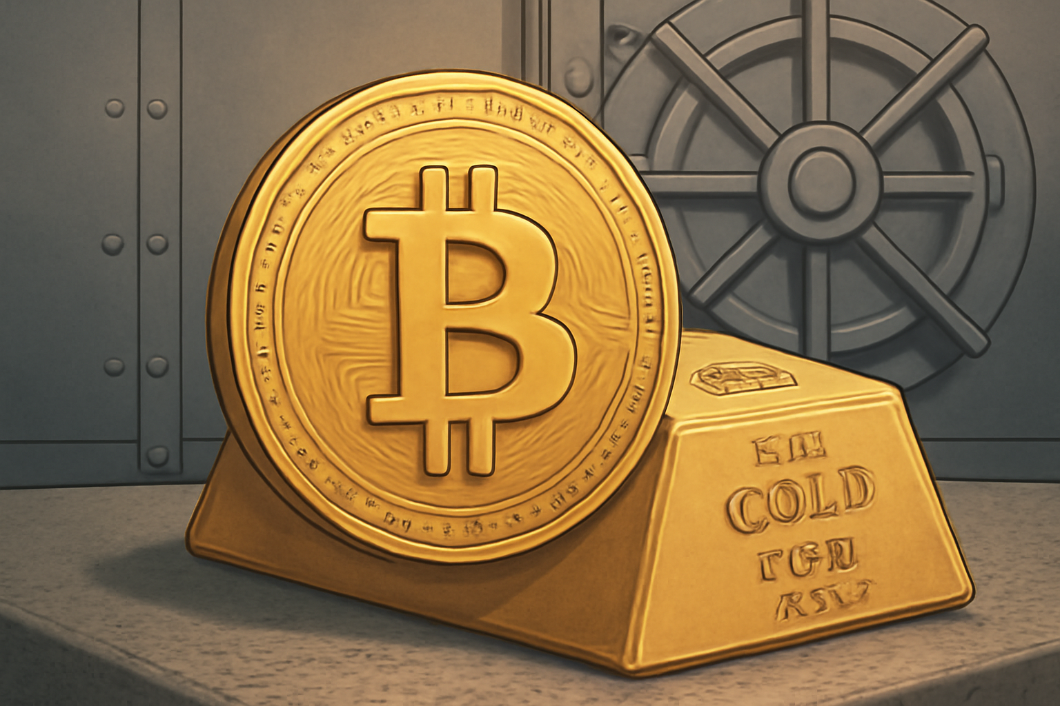 A digital gold token superimposed over a physical gold bar in a secure vault, symbolizing digital and physical connection, detailed, realistic