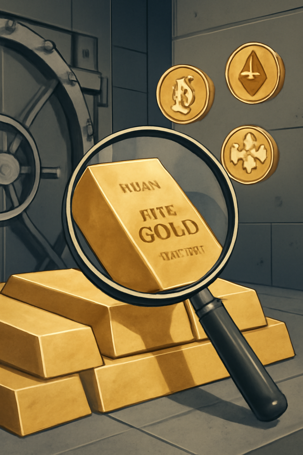 A magnifying glass inspecting a gold bar in a high-security vault, with digital tokens floating nearby, realistic, detailed