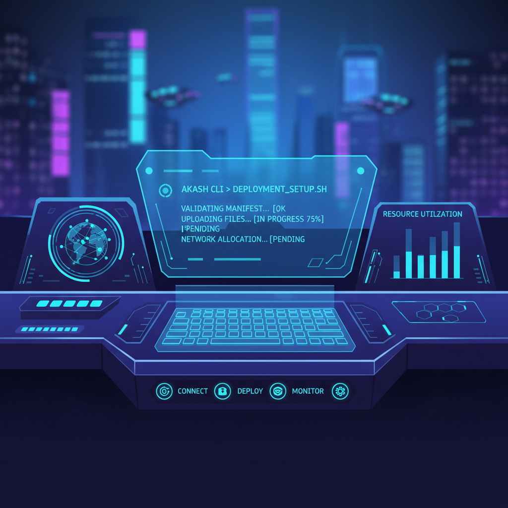 Akash CLI terminal setup on futuristic dashboard, cyberpunk neon blues, high-tech interface