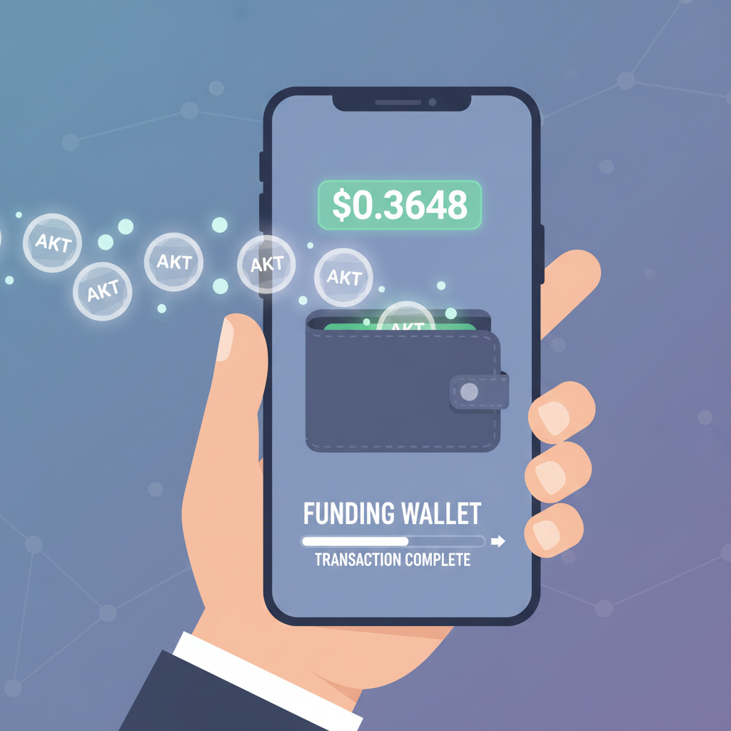 Wallet funding with AKT tokens, crypto transfer animation, glowing coins $0.3648 price tag