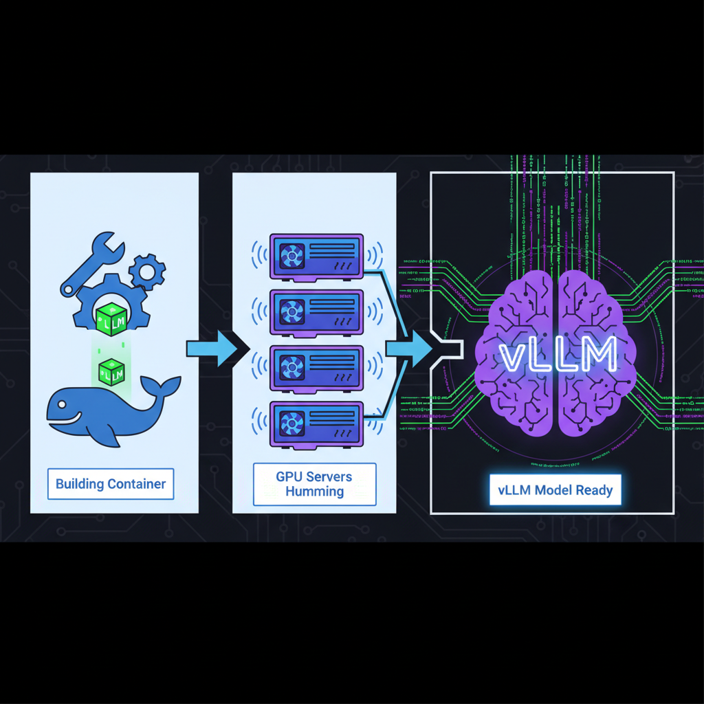 Docker container building vLLM model, GPU servers humming, neon code streams
