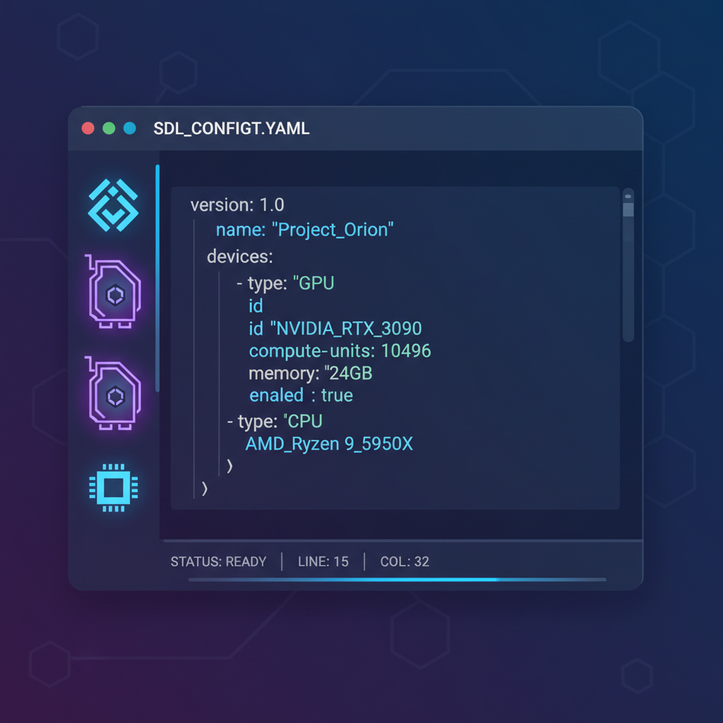 Editing SDL YAML config file, code editor with GPU icons, dark mode sci-fi theme