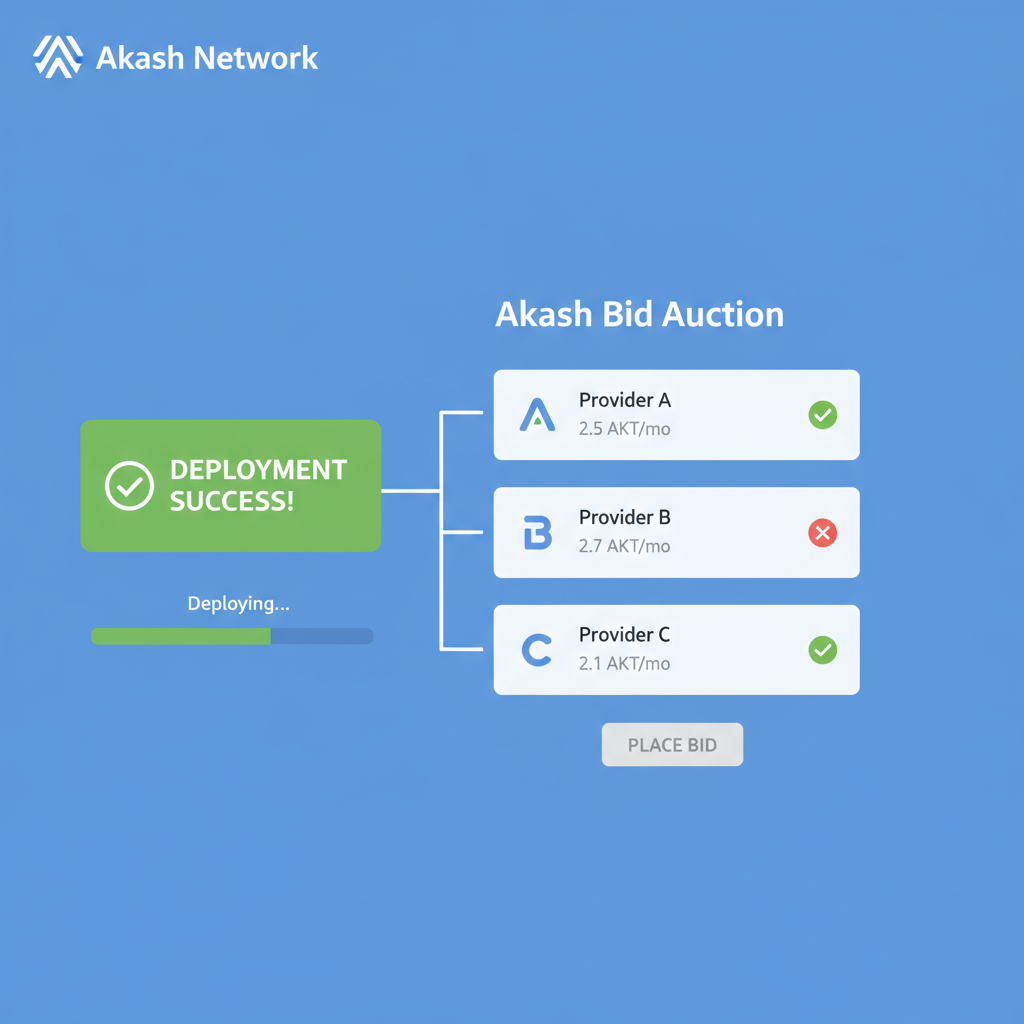 Akash bidding auction interface, providers competing, green checkmark deployment success