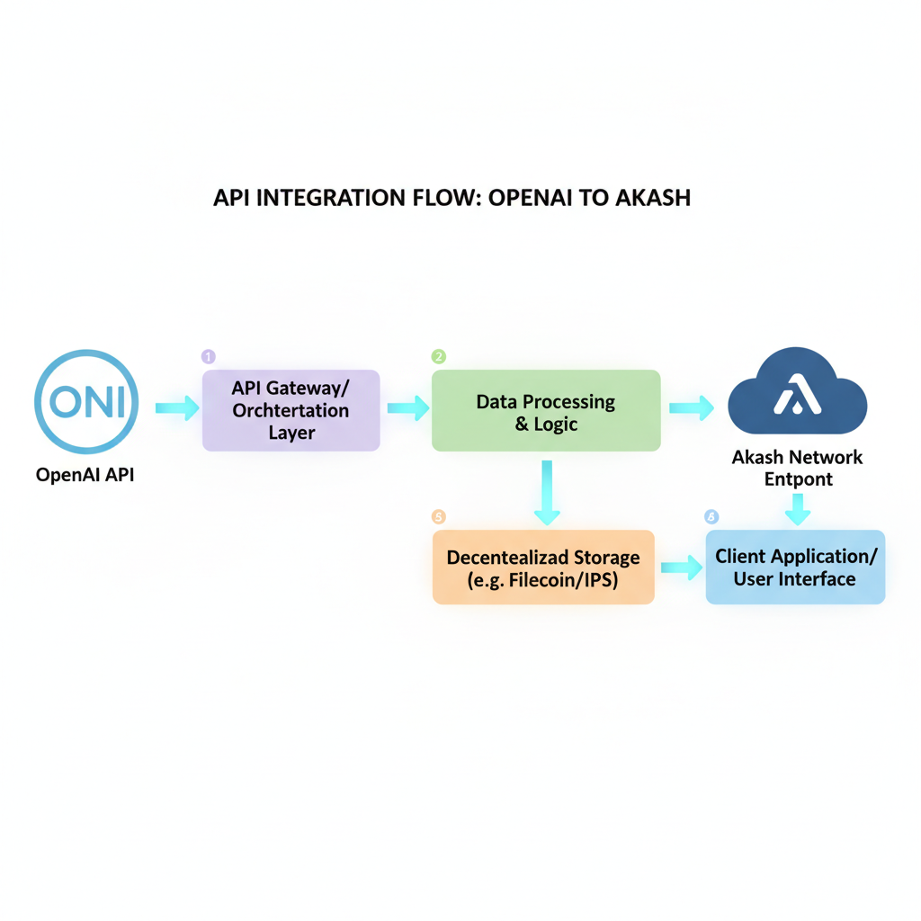 API integration flowchart, OpenAI logo to Akash endpoint, data flow arrows glowing