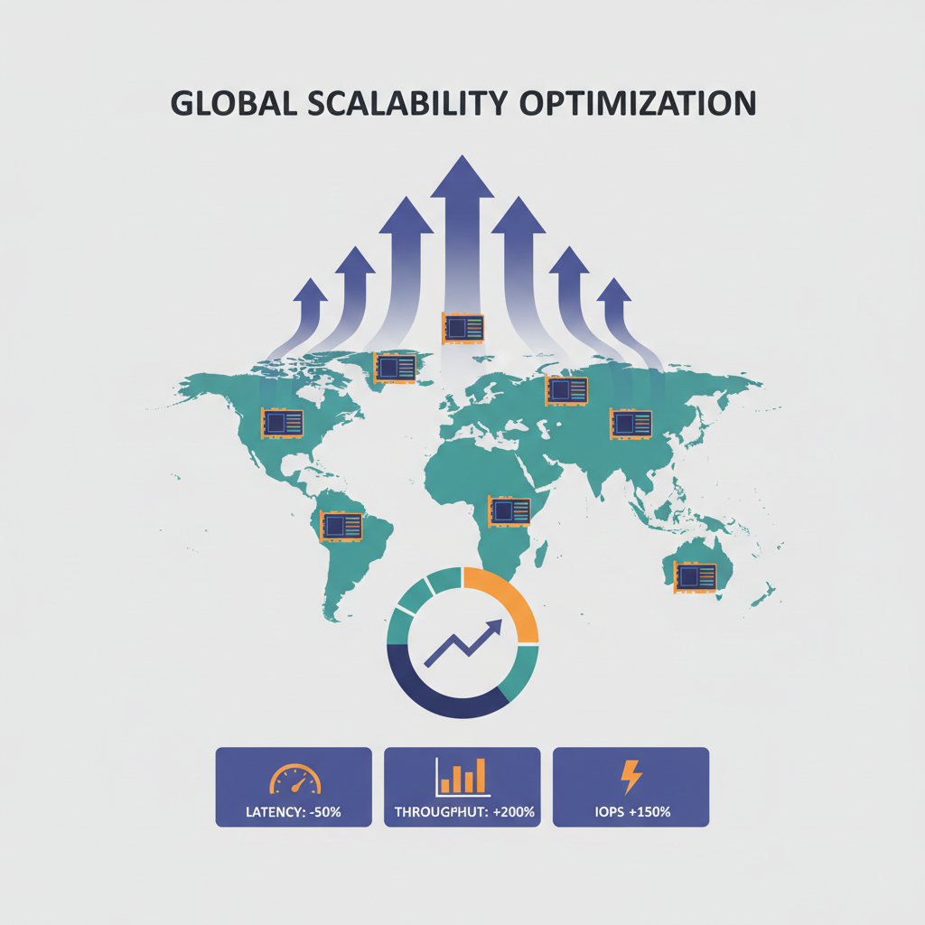 Scaling graph up arrows, global datacenters map with GPUs, performance metrics dashboard