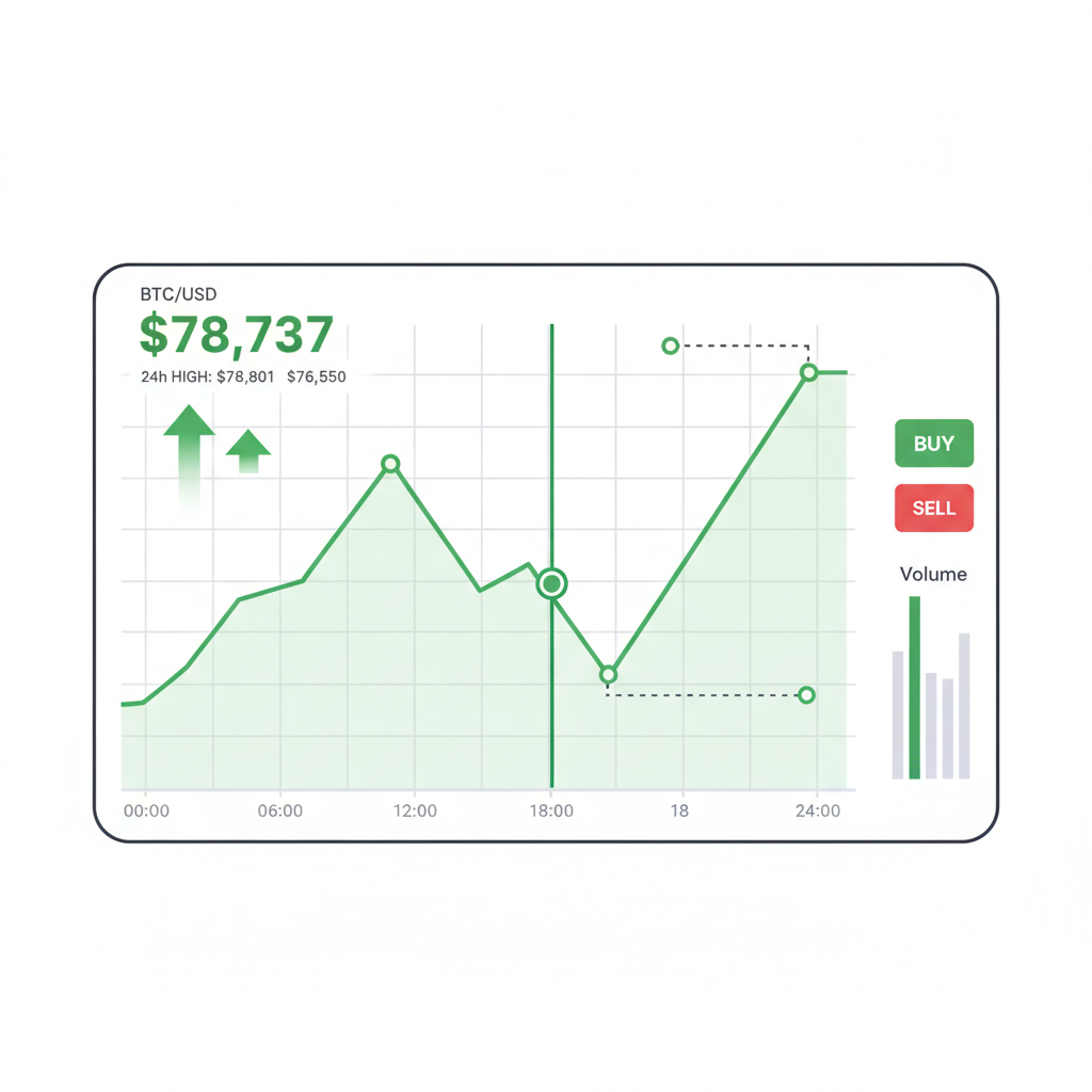 BTC price chart at $78,737 bullish trend 24h high low marked clean interface
