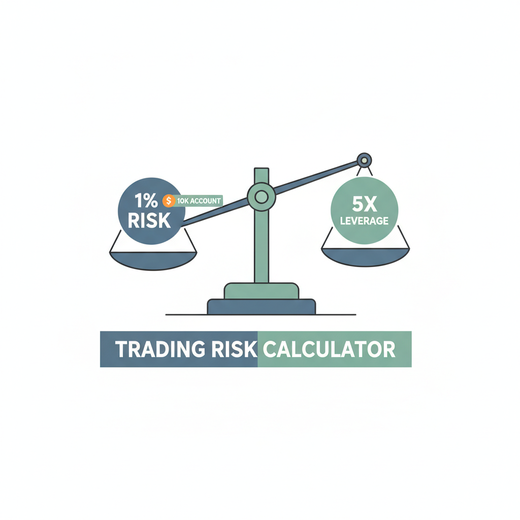 trading risk calculator 1% risk $10k account 5x leverage icons balanced scale