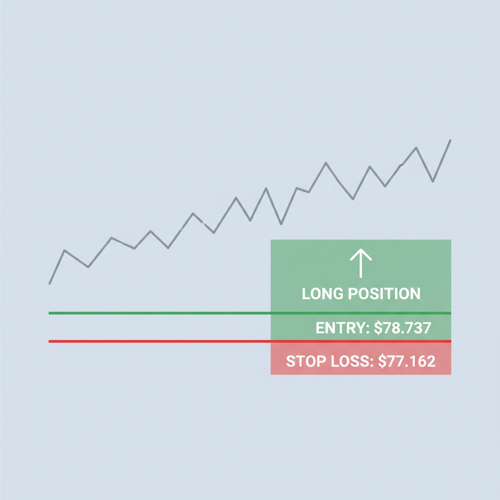 BTC chart red stop loss line at $77,162 entry $78,737 green long position