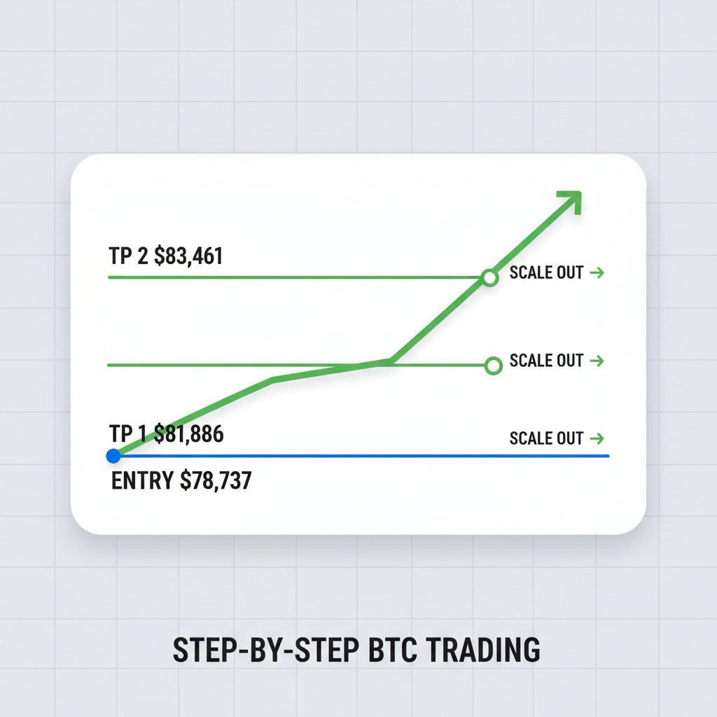 BTC chart green TP lines $81,886 $83,461 scaling out markers entry $78,737