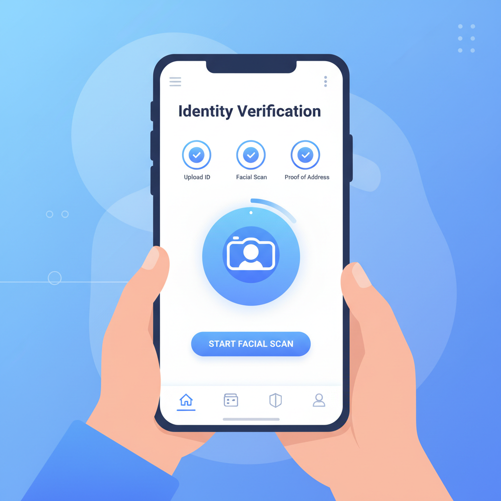 user verifying identity on clean crypto exchange app interface, modern UI, blue tones