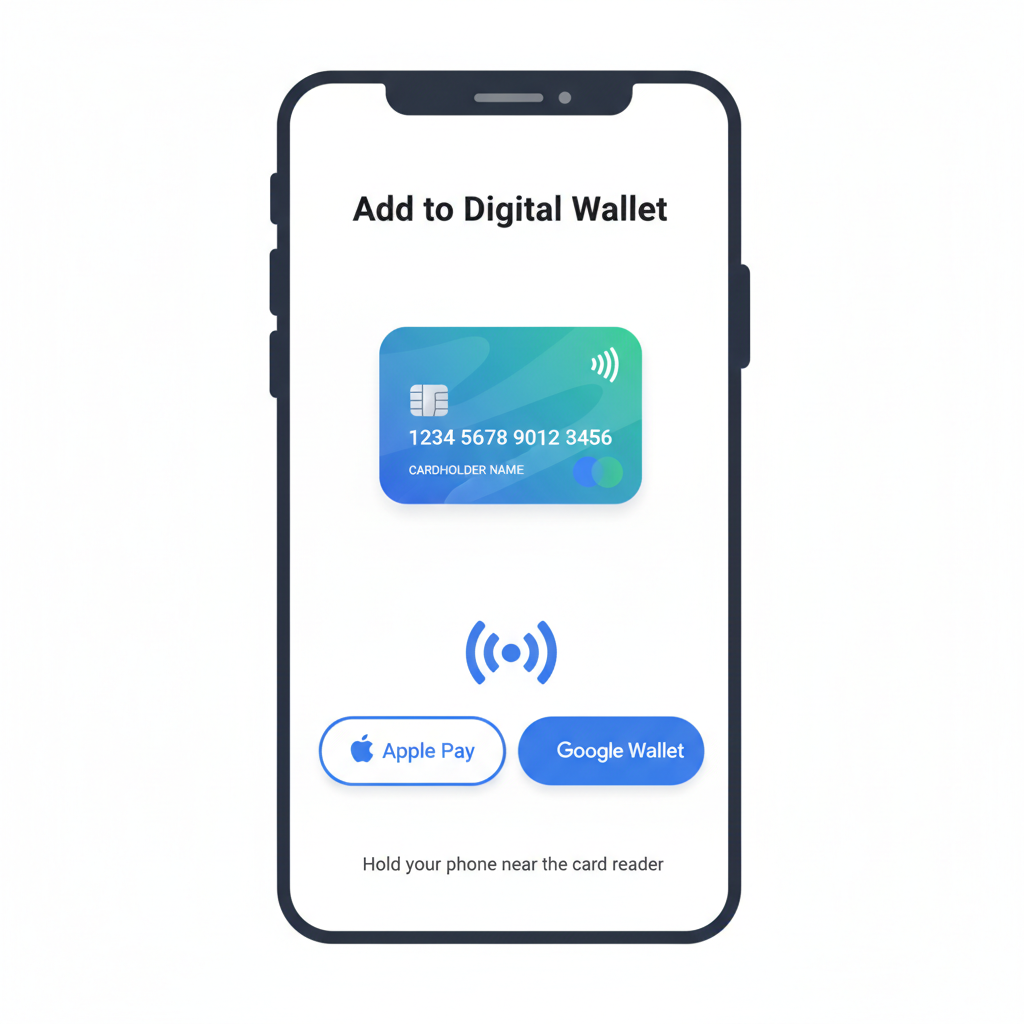 Mobile app screen adding virtual card to Apple Pay or Google Wallet, NFC icon
