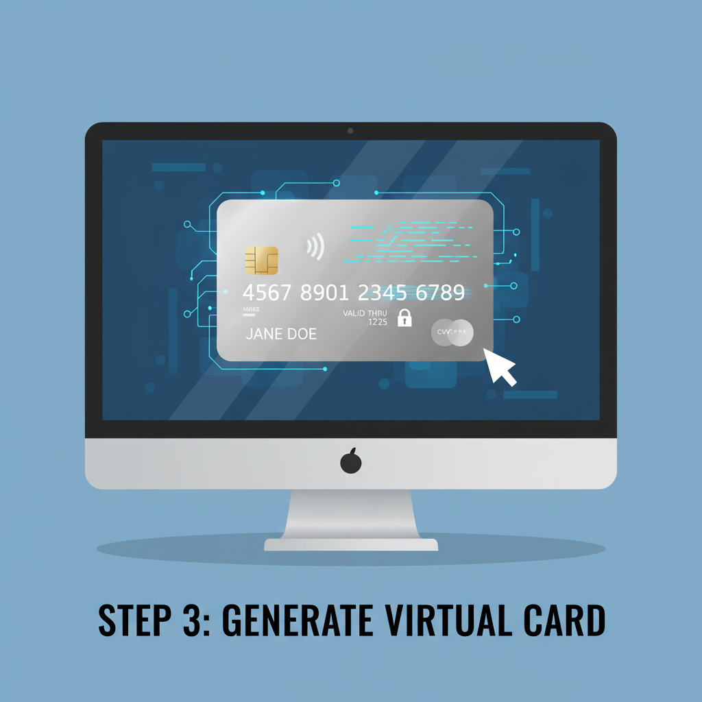 Digital virtual credit card generating on screen, metallic design, card details visible