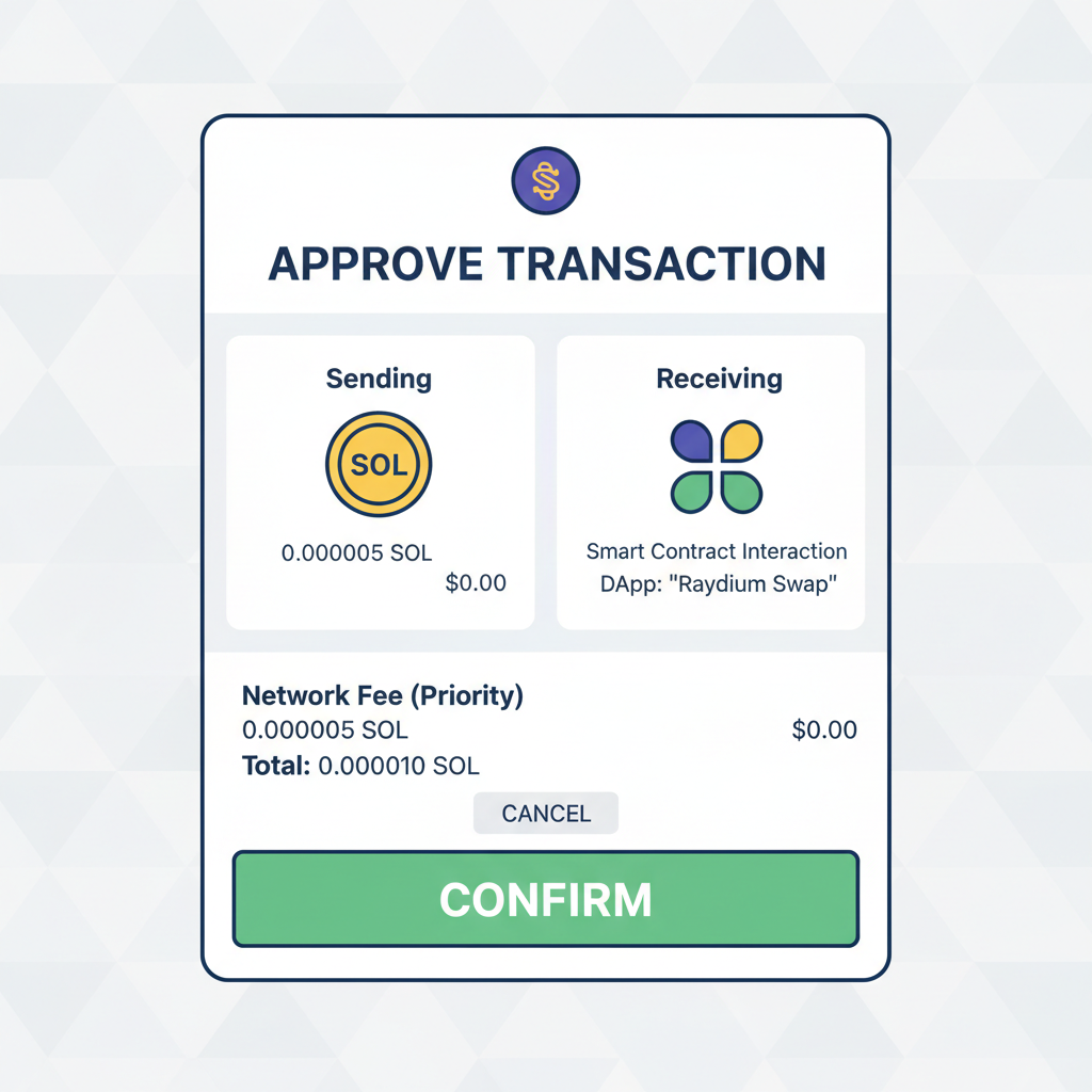 Wallet approval screen for small SOL fee transaction on Solana network, green confirm button