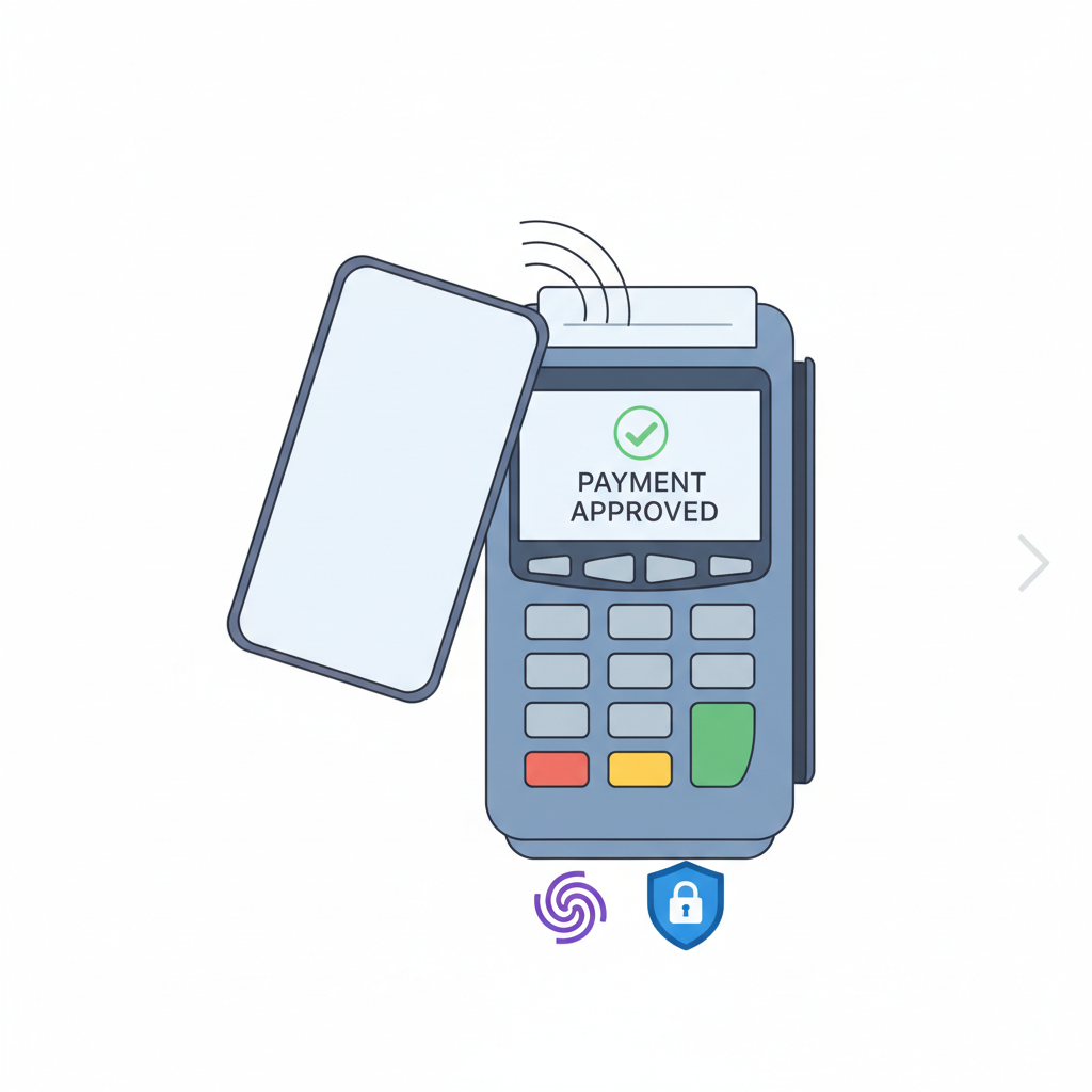 Smartphone NFC payment at store terminal, subtle Solana and privacy shield icons