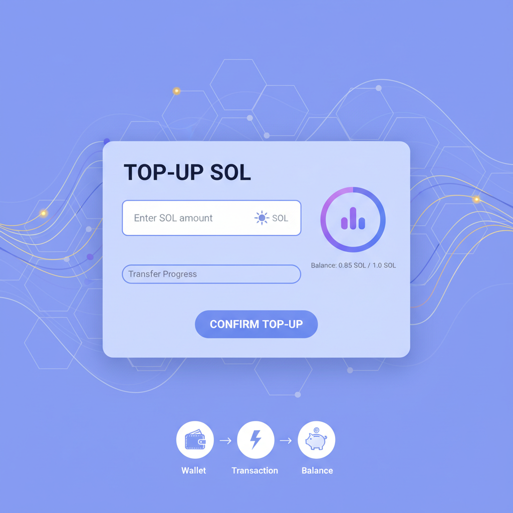 Top-up interface with SOL amount input, balance meter filling, Solana blockchain animation