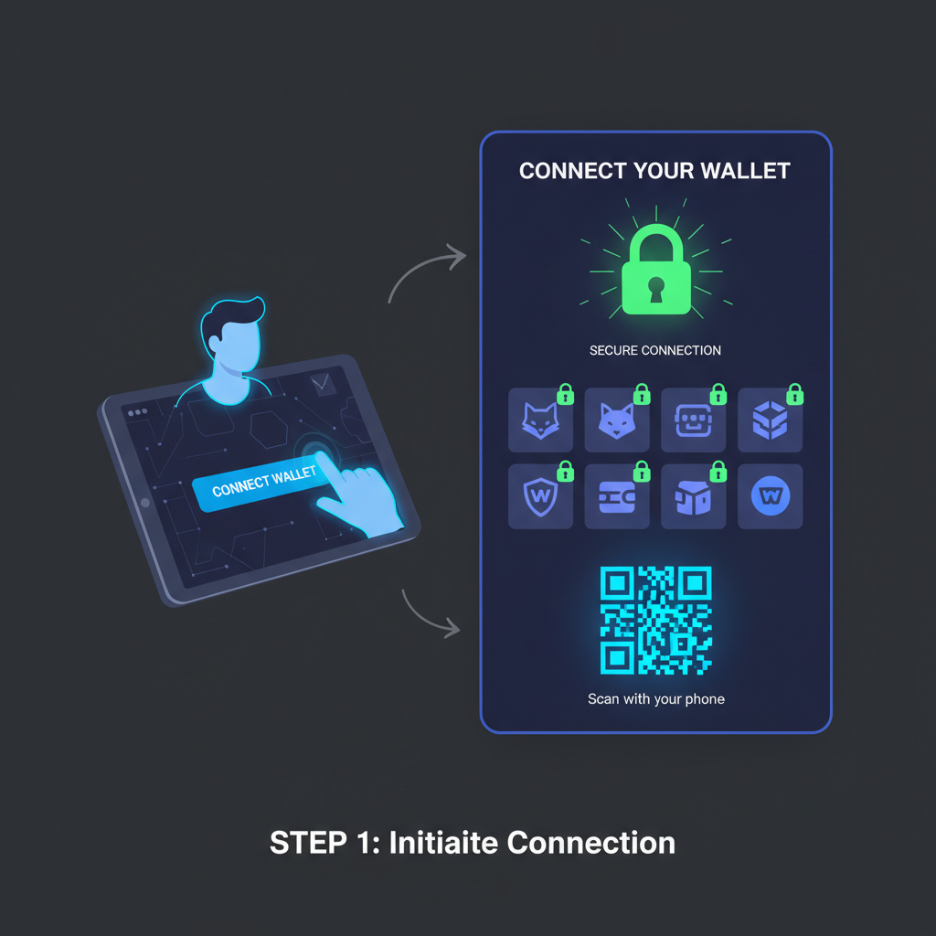 user connecting crypto wallet to web app, WalletConnect modal, secure padlock icons, dark mode futuristic interface