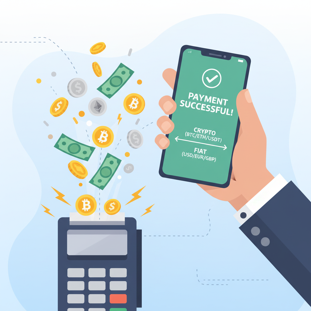 user tapping phone at POS terminal, successful payment notification, crypto-to-fiat conversion sparks, celebratory explosion of coins