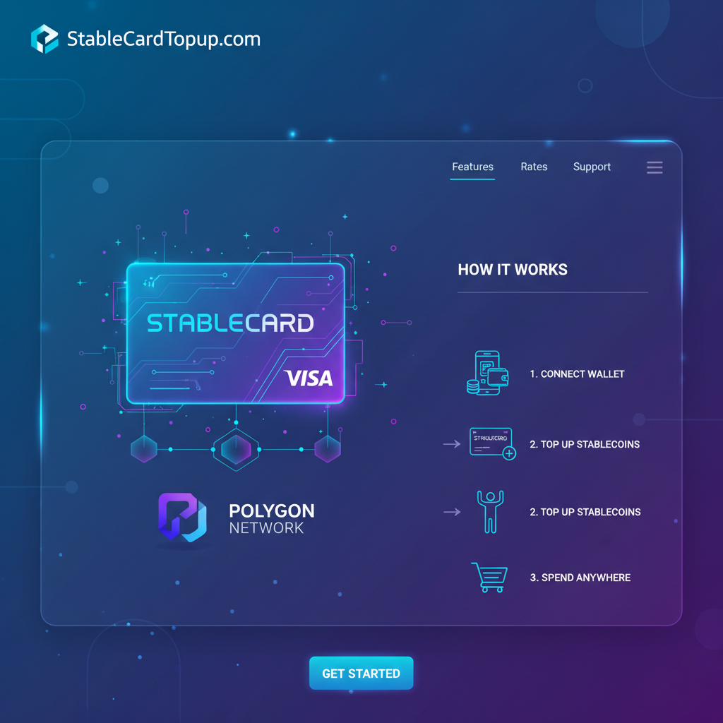 futuristic landing page of StableCardTopUp.com, glowing virtual Visa card, neon crypto vibes, Polygon network icons, high-tech UI