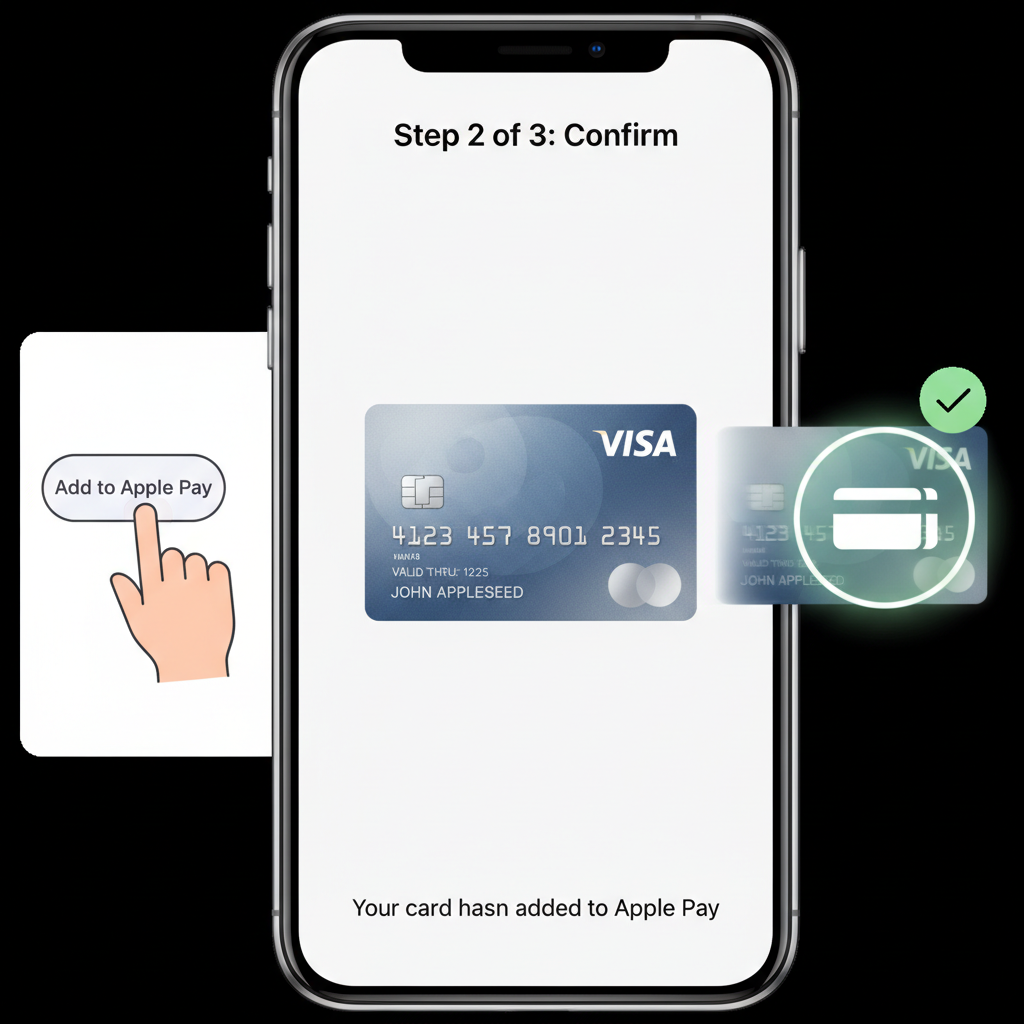virtual Visa card details screen, adding to Apple Pay animation, sleek mobile wallet integration, glossy 3D card render