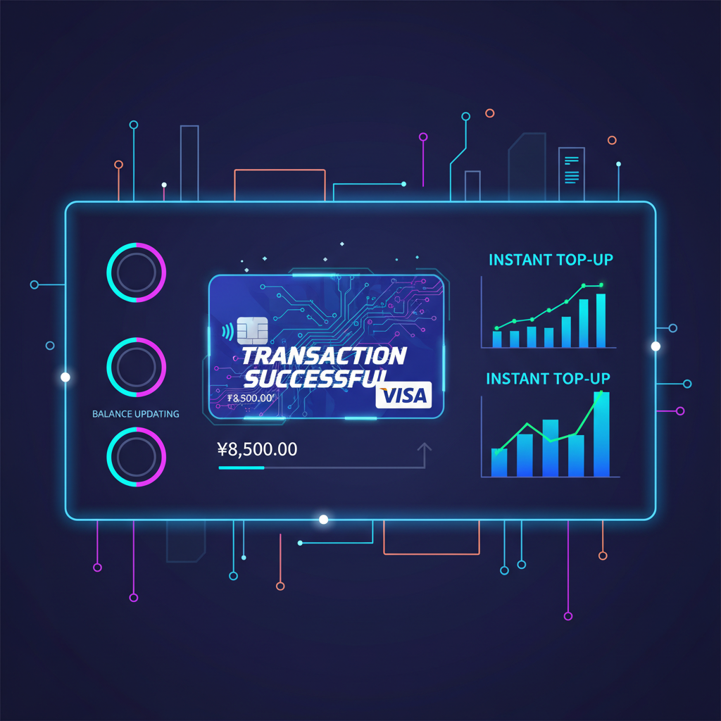 successful transaction confirmation, balance updating on virtual Visa card dashboard, charts showing instant top-up, cyberpunk style