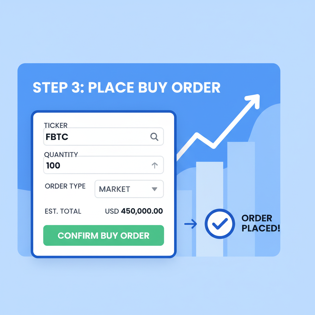 placing buy order for FBTC stock on trading platform, Bitcoin chart background