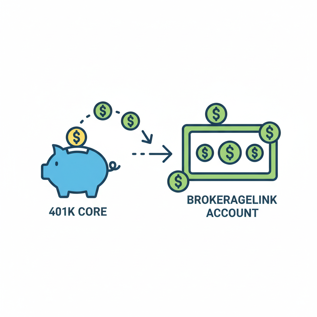 transferring money icon from 401k core to BrokerageLink account, dollar signs flowing