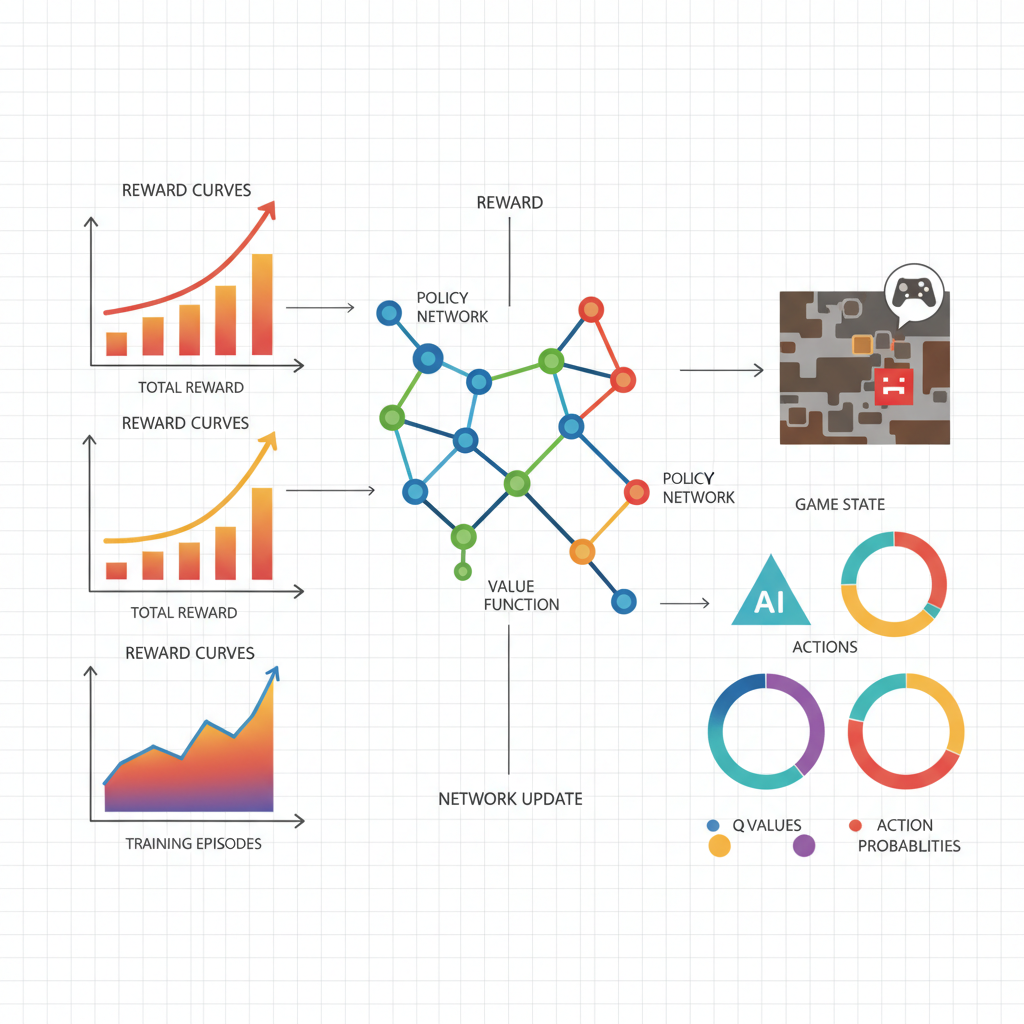 Reinforcement learning graph training on game replays, reward curves rising, AI agent battling on map, dynamic charts