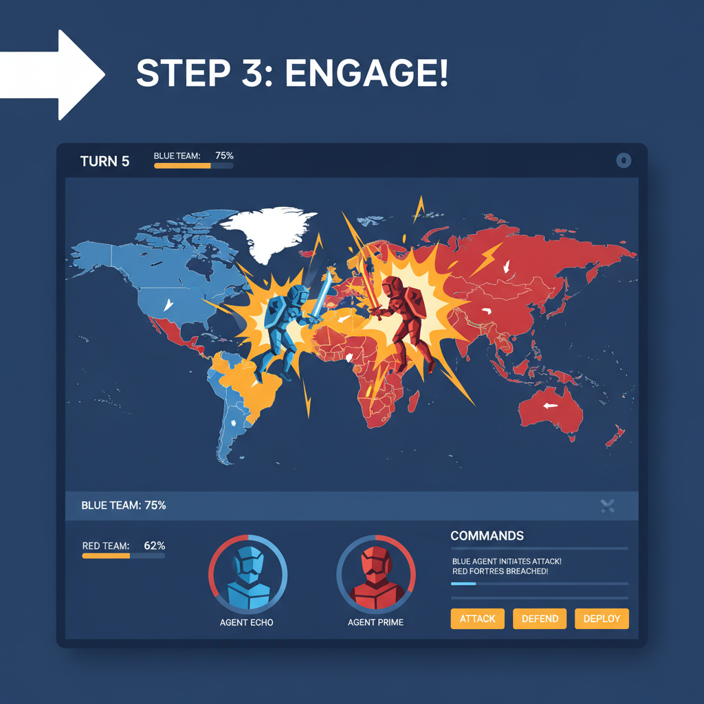PvP battle simulation screen, two AI agents clashing on world map, explosions, territory highlights, intense gaming action
