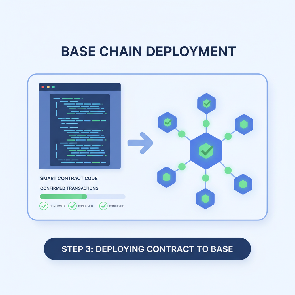 Blockchain deployment dashboard on Base chain, smart contract code deploying, green transaction confirmations, crypto network glow