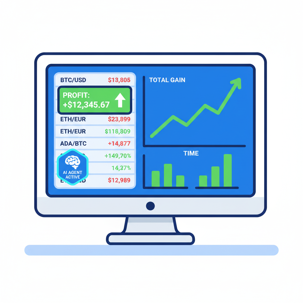 monitoring screen with live crypto trades, profit graphs rising, AI agent active