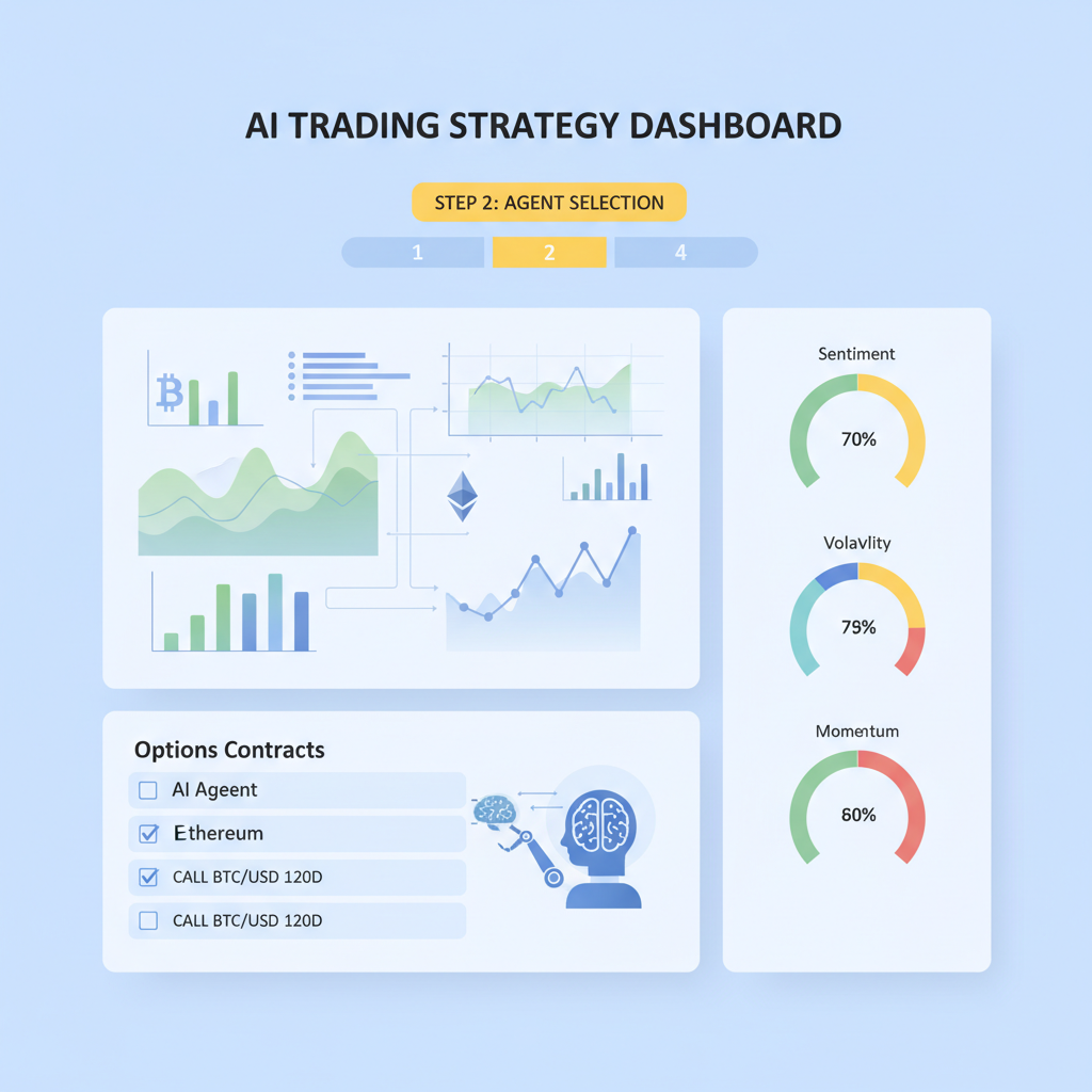 trading strategy dashboard with charts, AI agent selecting options, crypto graphs