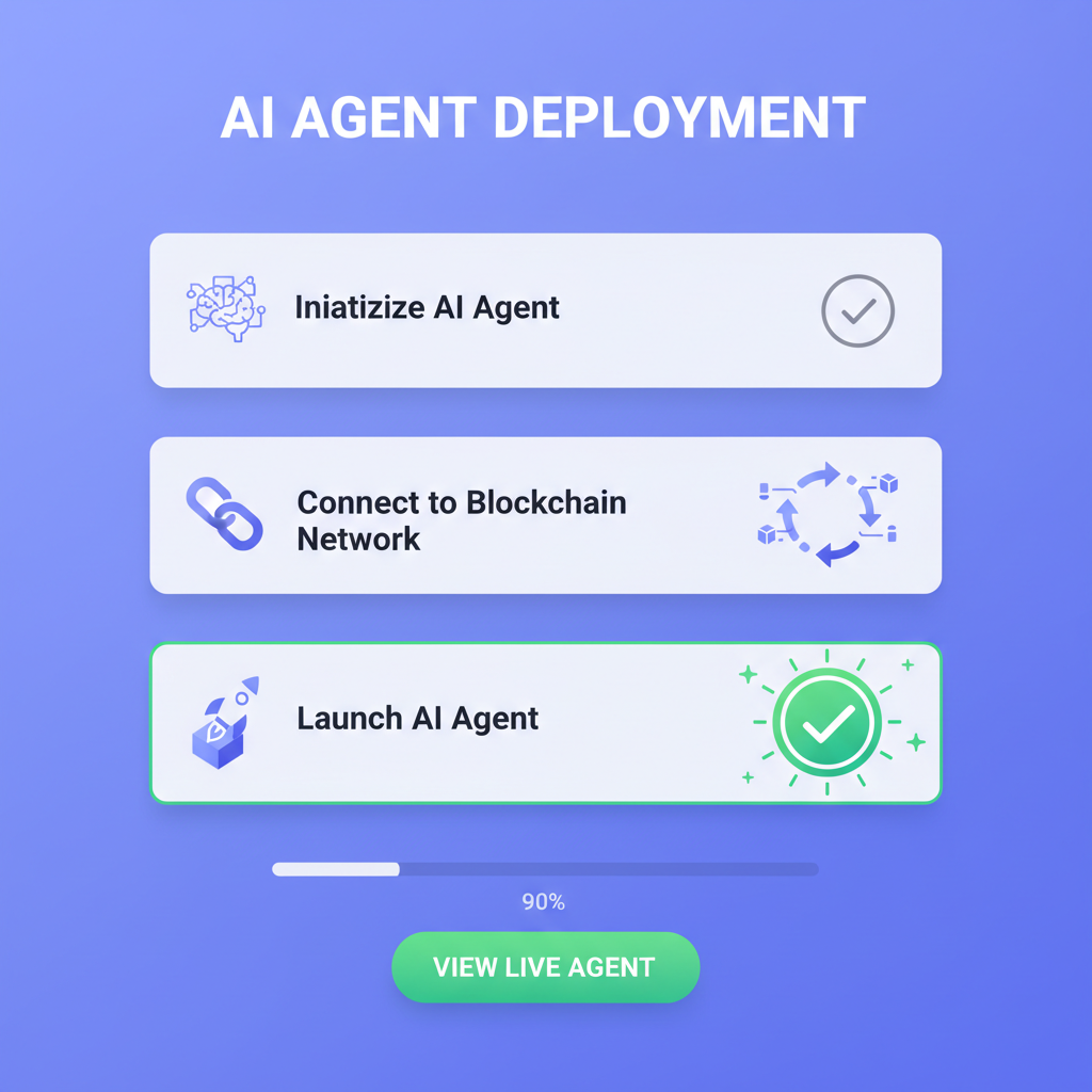 deployment dashboard showing AI agent launching on blockchain, success checkmark