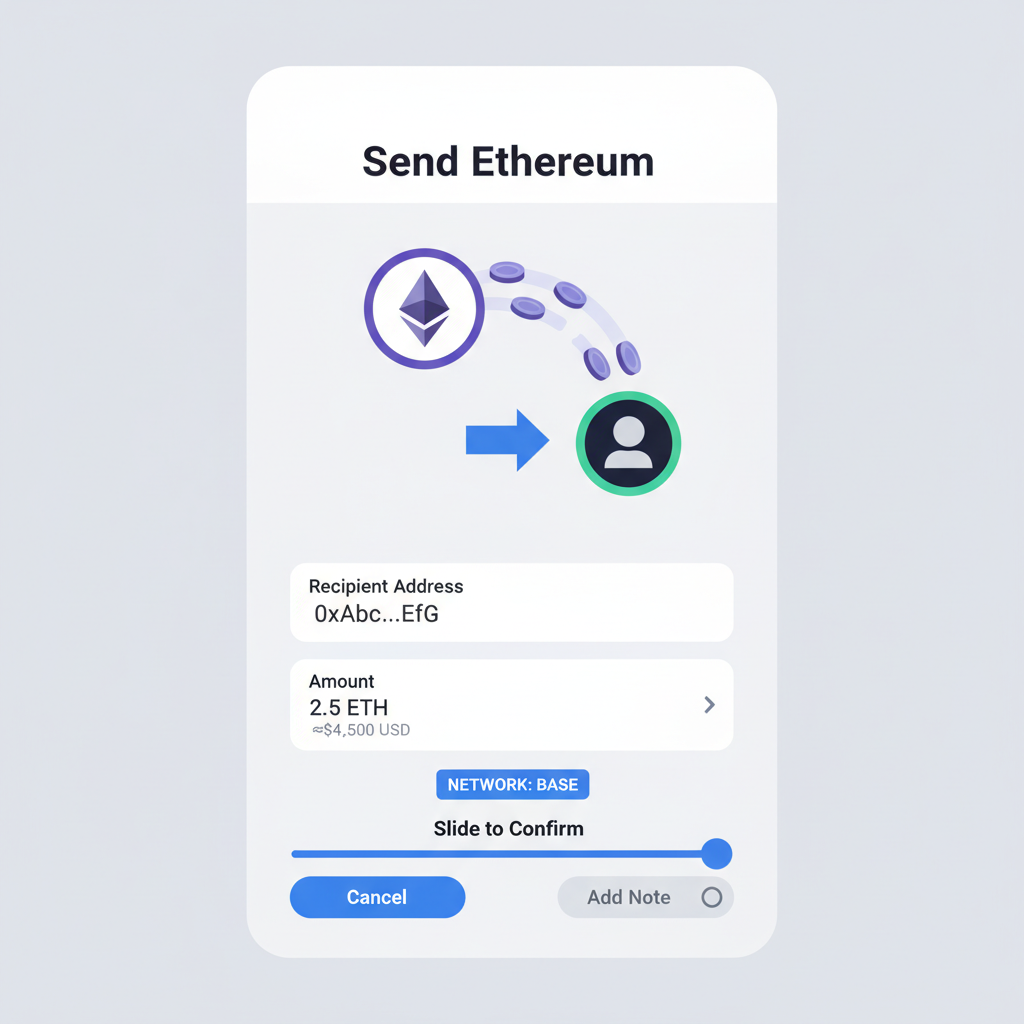 ethereum transfer screen in wallet app, ETH coins flowing, Base network indicator