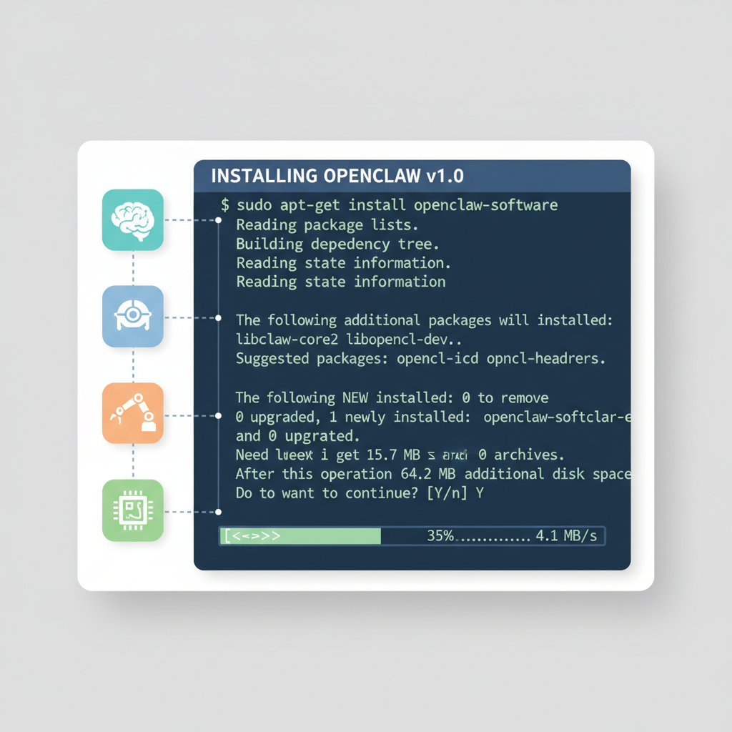 terminal window installing OpenClaw software, code lines, AI agent icons