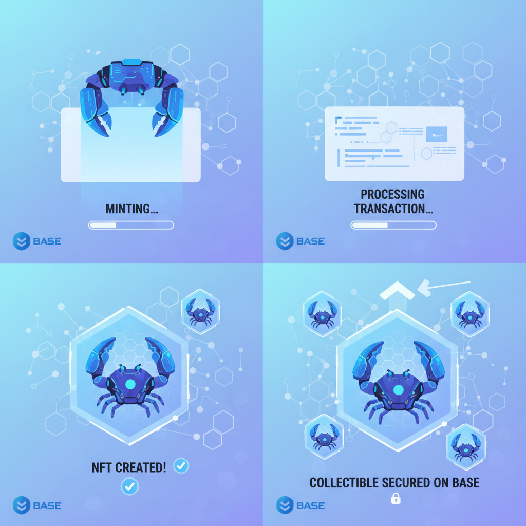 minting animation of futuristic AI agent NFT, crab claw theme, Base blockchain