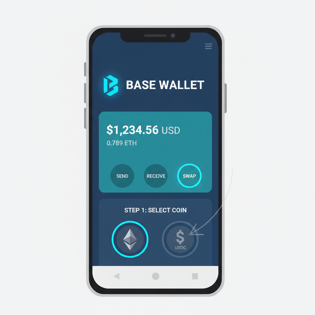 sleek crypto wallet app interface on smartphone, Base chain logo, futuristic UI, clean design