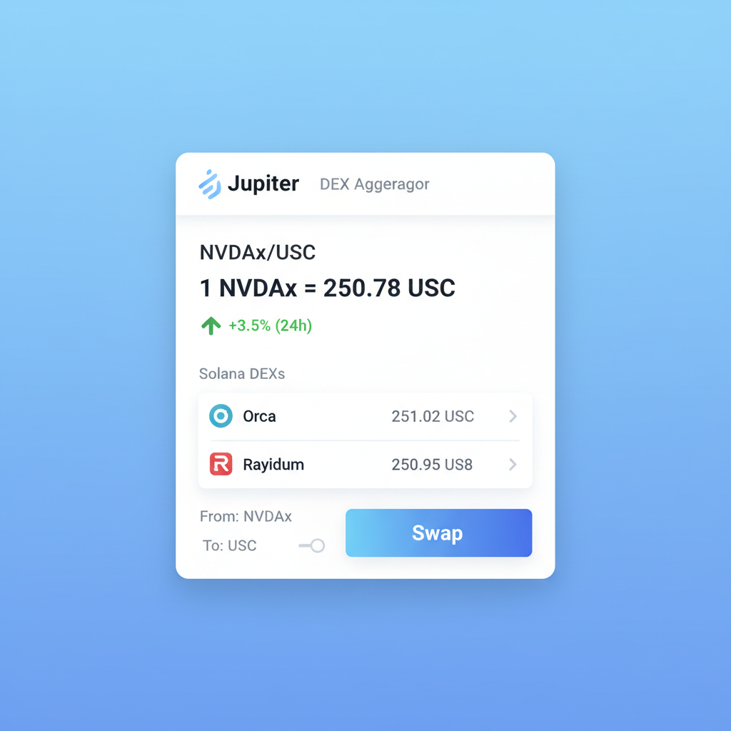 Jupiter DEX aggregator screen showing NVDAx/USDC prices on Solana DEXs