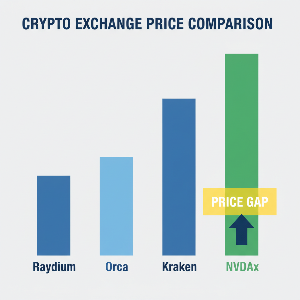 Price comparison chart Raydium Orca Kraken NVDAx with highlighted gap