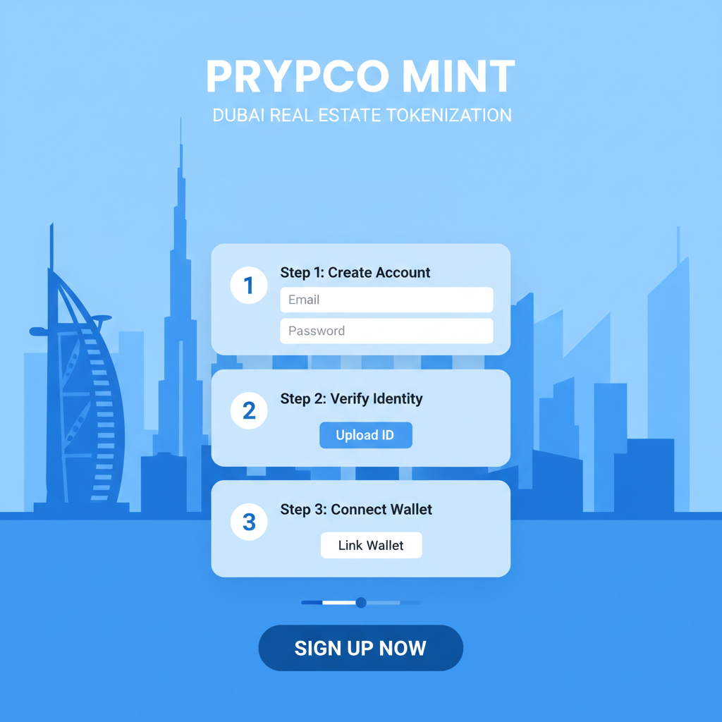 modern app signup screen Prypco Mint Dubai real estate tokenization, blue tones Dubai skyline