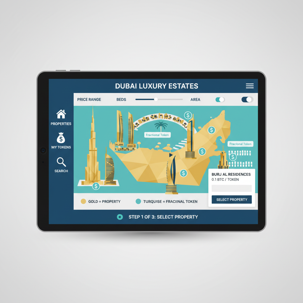 property selection dashboard app, Dubai luxury buildings fractional tokens map view